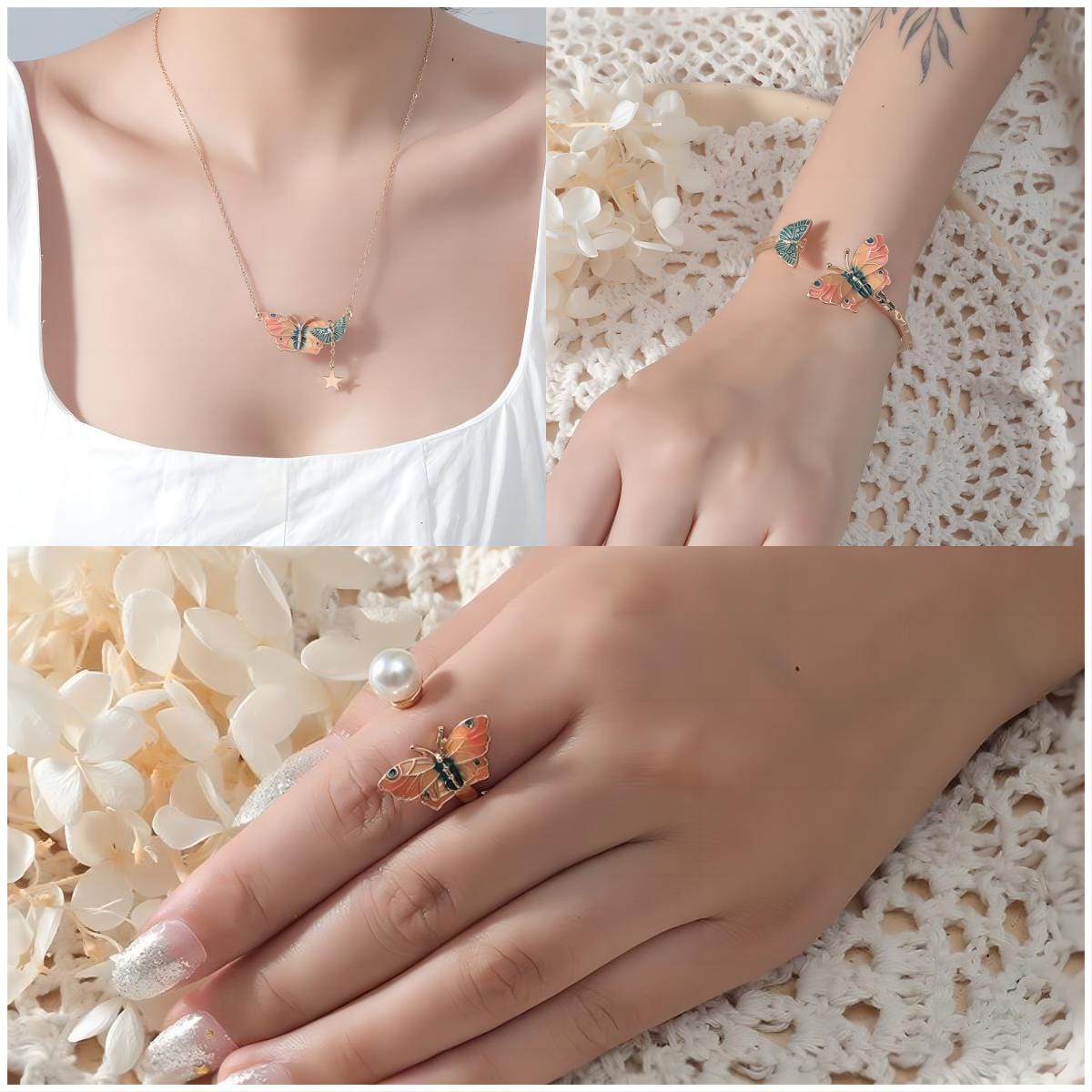 Trendy Butterfly Necklace Bracelet Ring Set