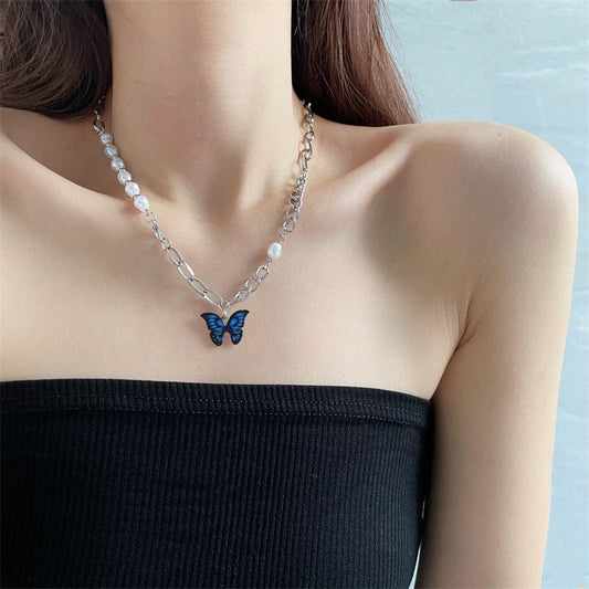 Blue Butterfly Pendant Pearl Chain Necklace