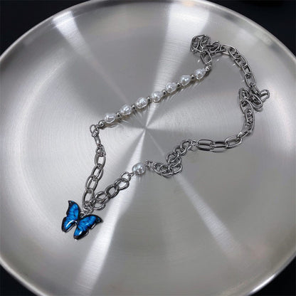 Blue Butterfly Pendant Pearl Chain Necklace