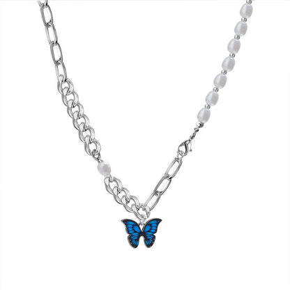 Blue Butterfly Pendant Pearl Chain Necklace