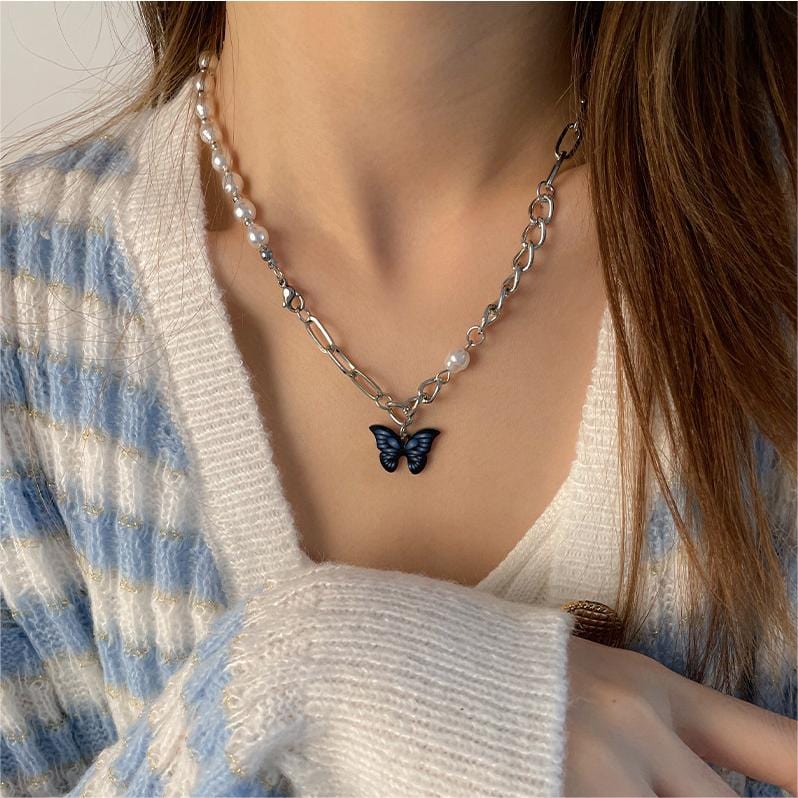 Blue Butterfly Pendant Pearl Chain Necklace