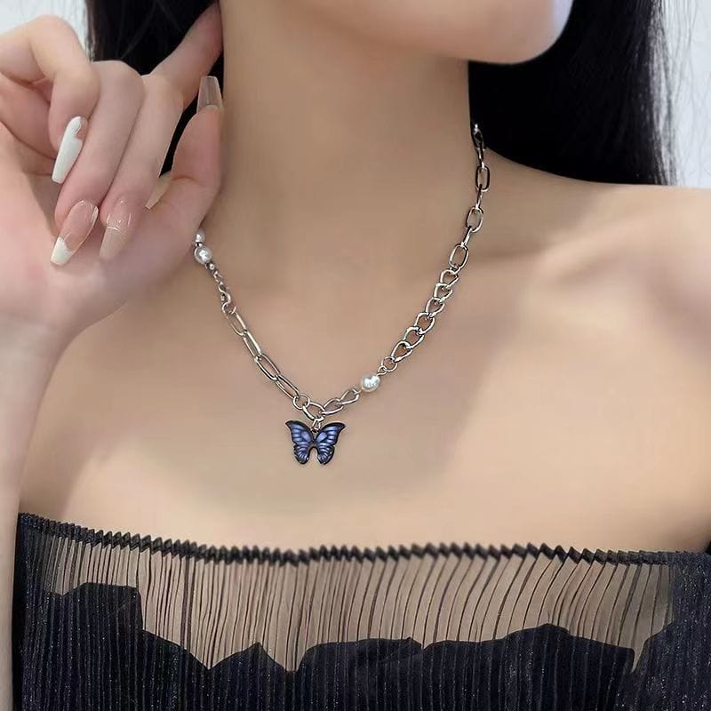 Blue Butterfly Pendant Pearl Chain Necklace