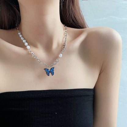 Blue Butterfly Pendant Pearl Chain Necklace