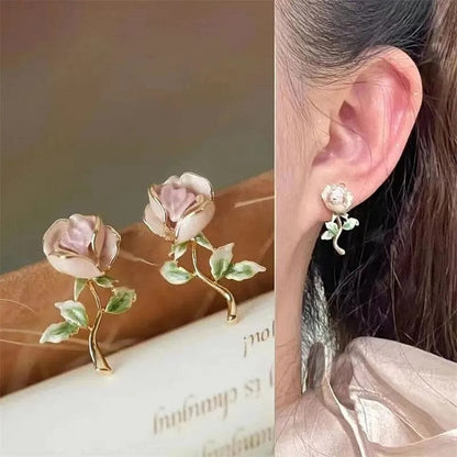 Trendy Sweet Pink Rose Earrings