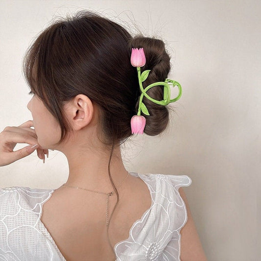 Bezaubernde handgemachte bunte Tulpen-Chignon-Krallenklammer-Haarspange