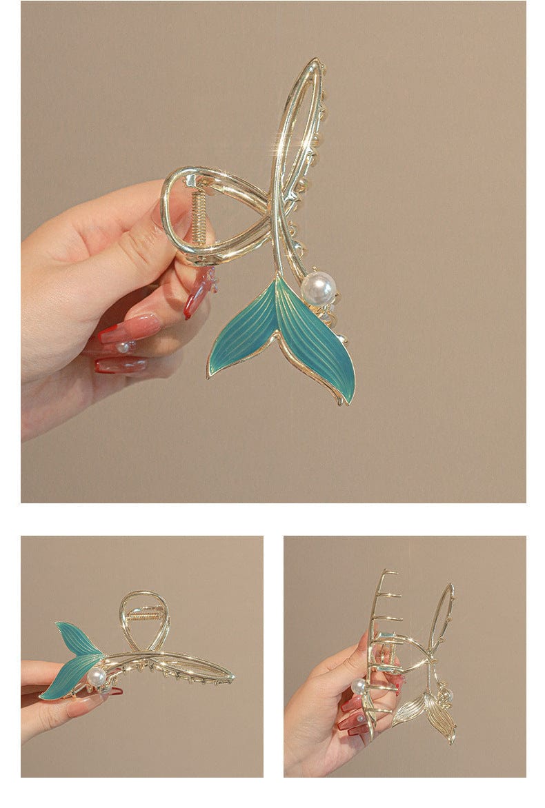 Handmade Enamel Mermaid Pearl Charm Chignon Claw Clip Hair Clip