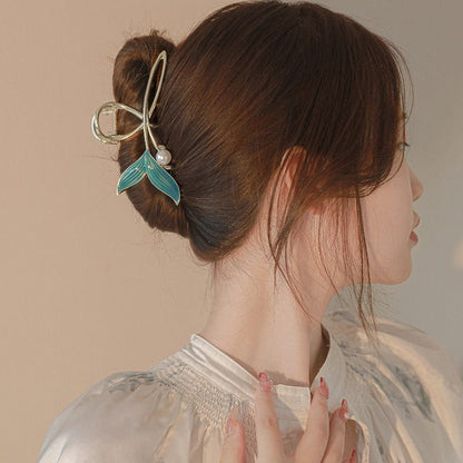 Handmade Enamel Mermaid Pearl Charm Chignon Claw Clip Hair Clip