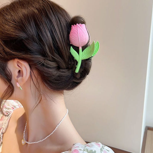 Chic Handmade Pink Tulip Chignon Claw Clip Hair Clip