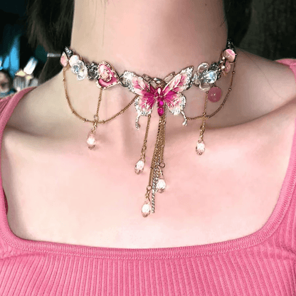 Chic Enamel Butterfly Crystal Tassel Choker Necklace