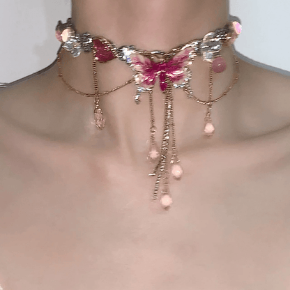 Chic Enamel Butterfly Crystal Tassel Choker Necklace