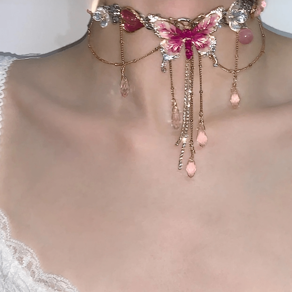 Chic Enamel Butterfly Crystal Tassel Choker Necklace