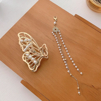 Pearl Chain Tassel Butterfly Chignon Claw Clip Hair Clip