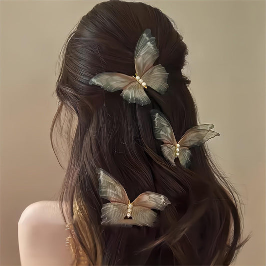 Pince à cheveux papillon en maille transparente avec breloque en perles