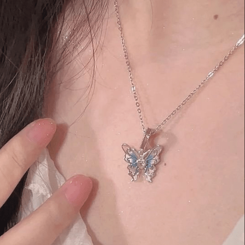 Pink Blue Gradient Enamel Butterfly Necklace