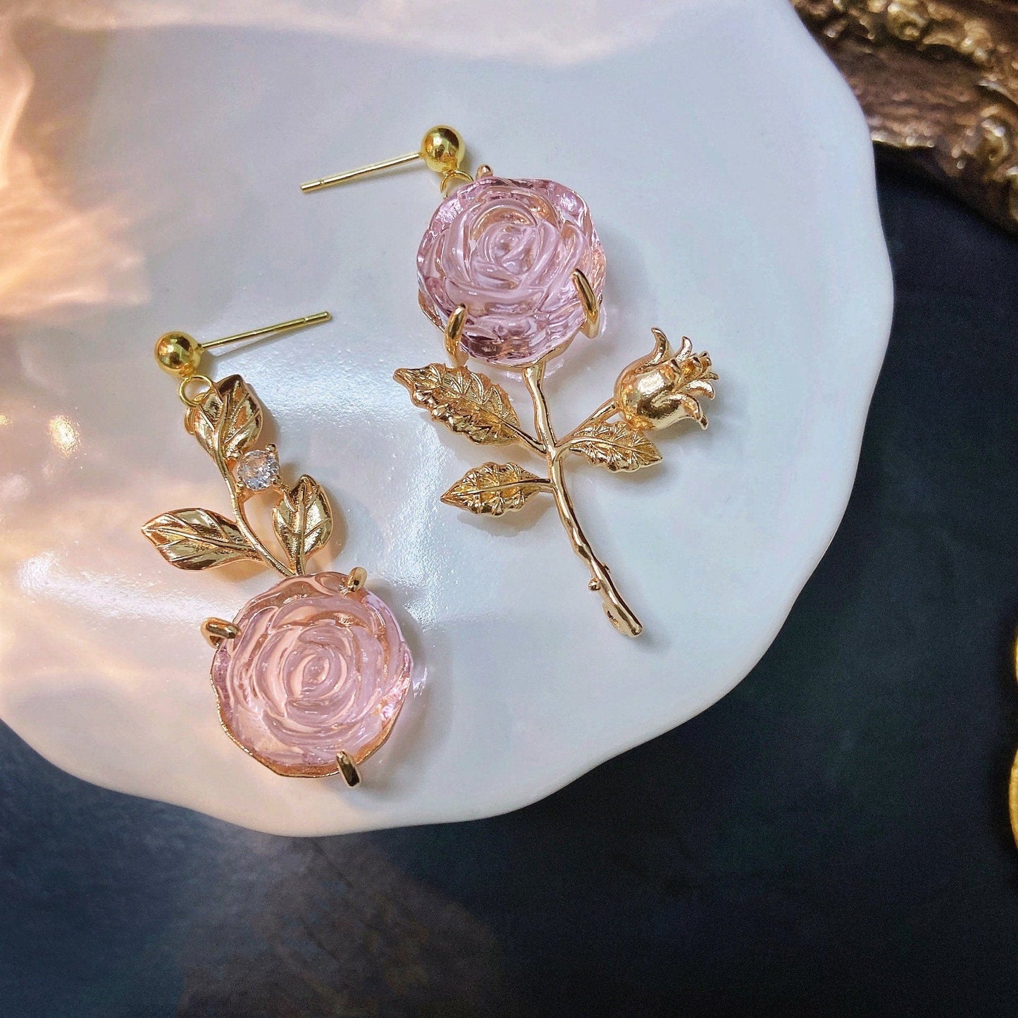 Trendy Pink Crystal Rose Earrings