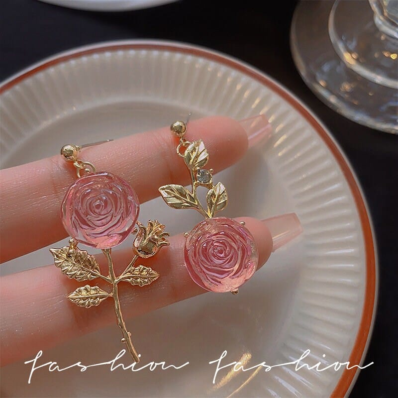 Trendy Pink Crystal Rose Earrings