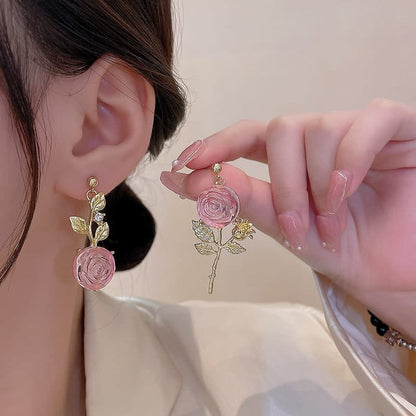 Trendy Pink Crystal Rose Earrings