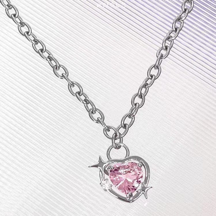 Collier chaîne à maillons avec pendentif en forme de cœur en strass rose