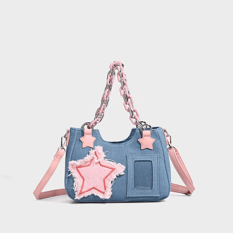 Sac bandoulière en denim avec chaîne en acrylique et étoile rose