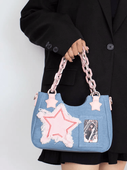 Sac bandoulière en denim avec chaîne en acrylique et étoile rose