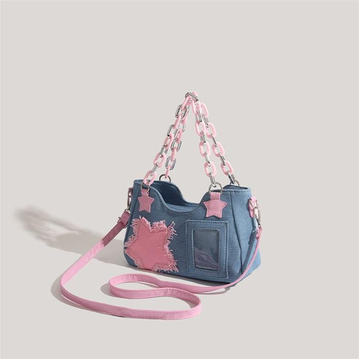 Sac bandoulière en denim avec chaîne en acrylique et étoile rose