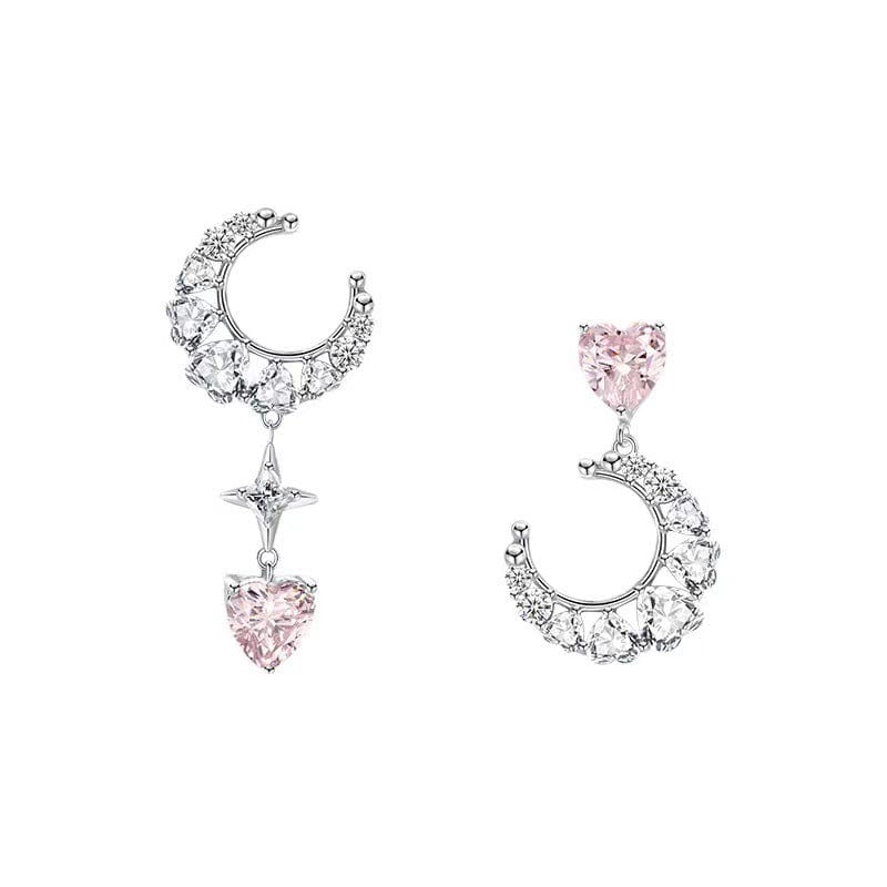 Boucles d'oreilles pendantes chics en strass avec phases de lune, étoile et cœur