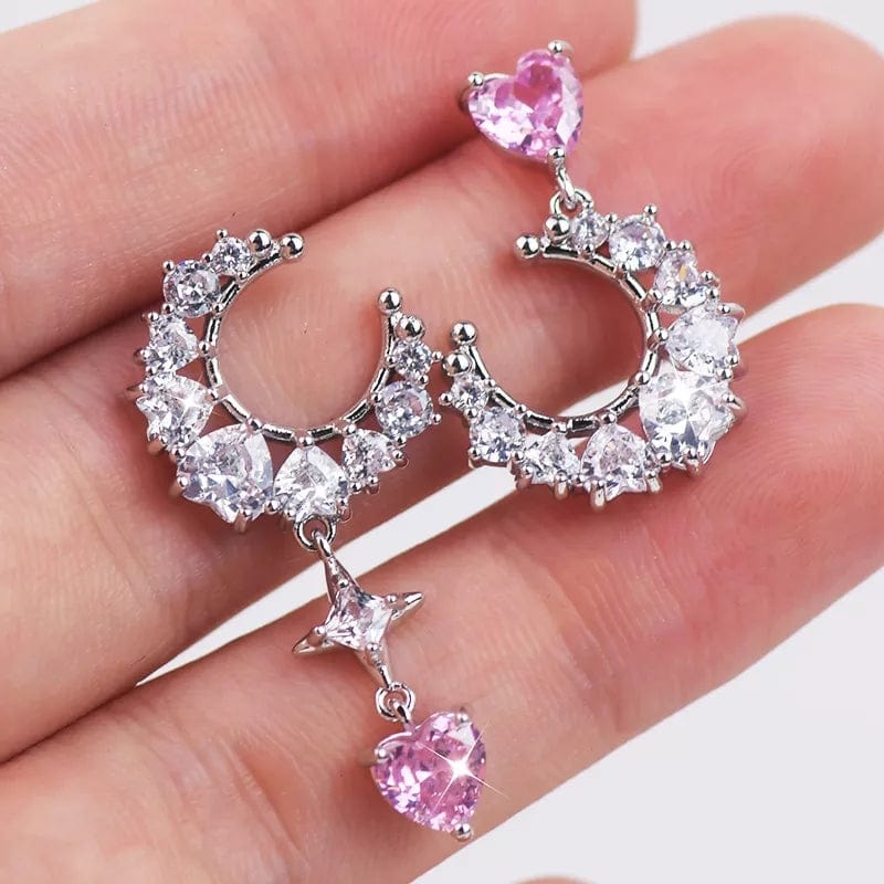 Boucles d'oreilles pendantes chics en strass avec phases de lune, étoile et cœur