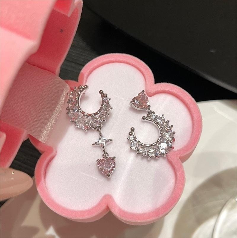 Boucles d'oreilles pendantes chics en strass avec phases de lune, étoile et cœur