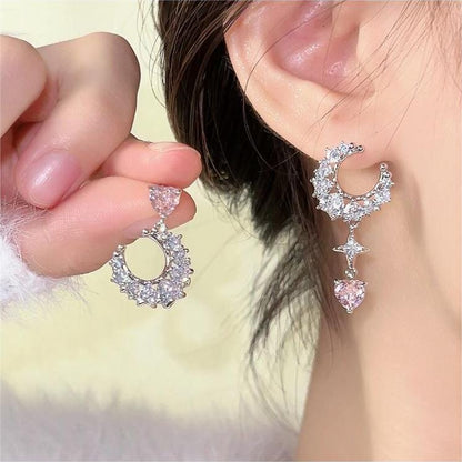 Boucles d'oreilles pendantes chics en strass avec phases de lune, étoile et cœur