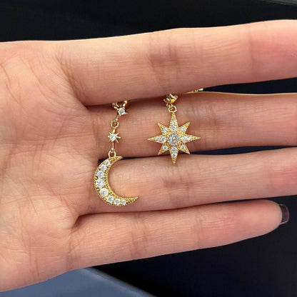 Boucles d'oreilles pendantes chics en forme de lune et d'étoile à strass