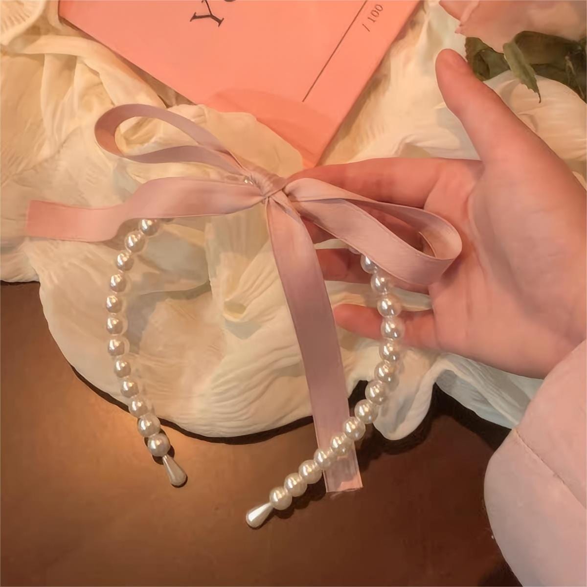 Sweet Ribbon Pearl Hair Band