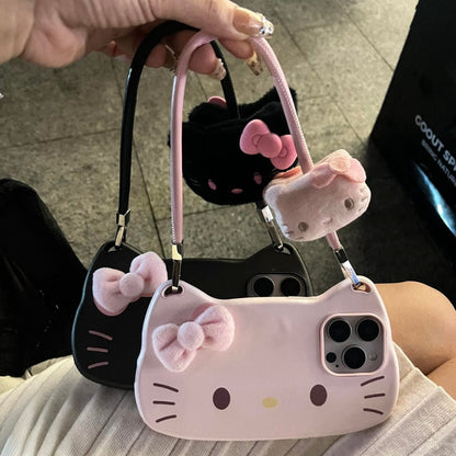 Étui pour iPhone en peluche avec nœud papillon et sac à main