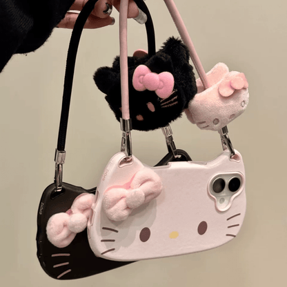 Étui pour iPhone en peluche avec nœud papillon et sac à main