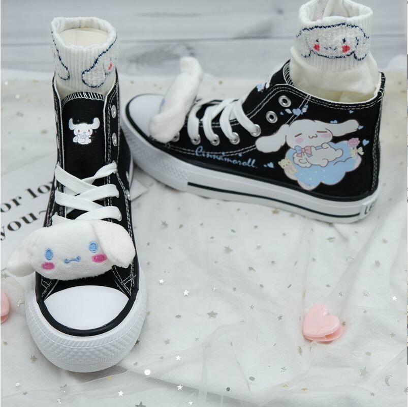 Cinna Dog Painted High Tops - Black / 4.5 - chuck taylors, cinnamoroll, hand painted, high top shoes, tops