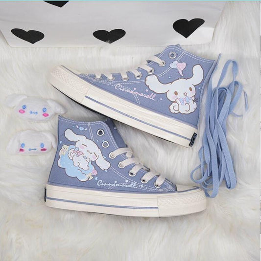 Cinna Dog Painted High Tops - Blue / 9 - chuck taylors, cinnamoroll, hand painted, high top shoes, tops