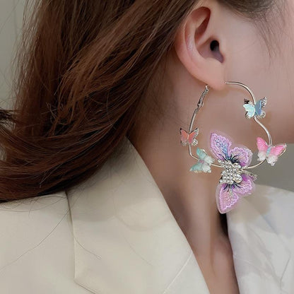 Colorful Rhinestone Butterfly Heart Hoop Earrings