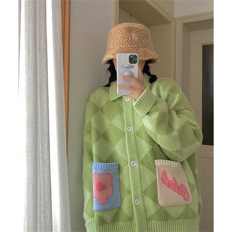 Cozy checkered plaid cardigan - cardigan - checkered - flower - plaid - sweater