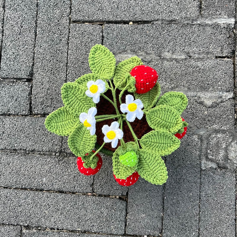 Crochet strawberry plants - berries - bonsai - crochet - home decor - decoration