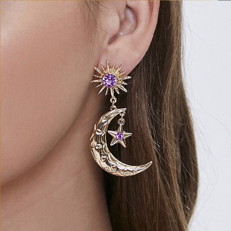 Boucles d'oreilles pendantes avec phases de lune, soleil, étoile