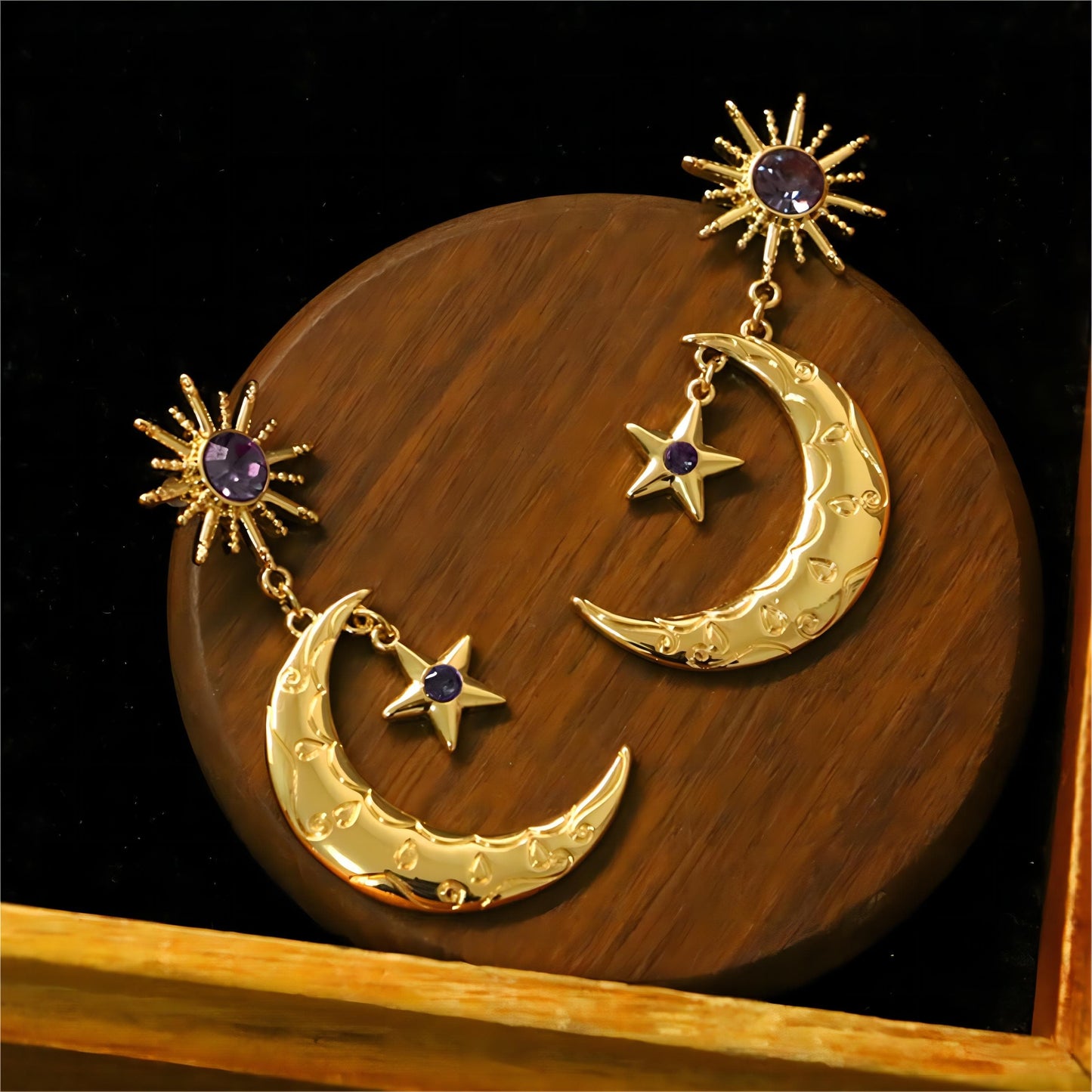 Boucles d'oreilles pendantes avec phases de lune, soleil, étoile