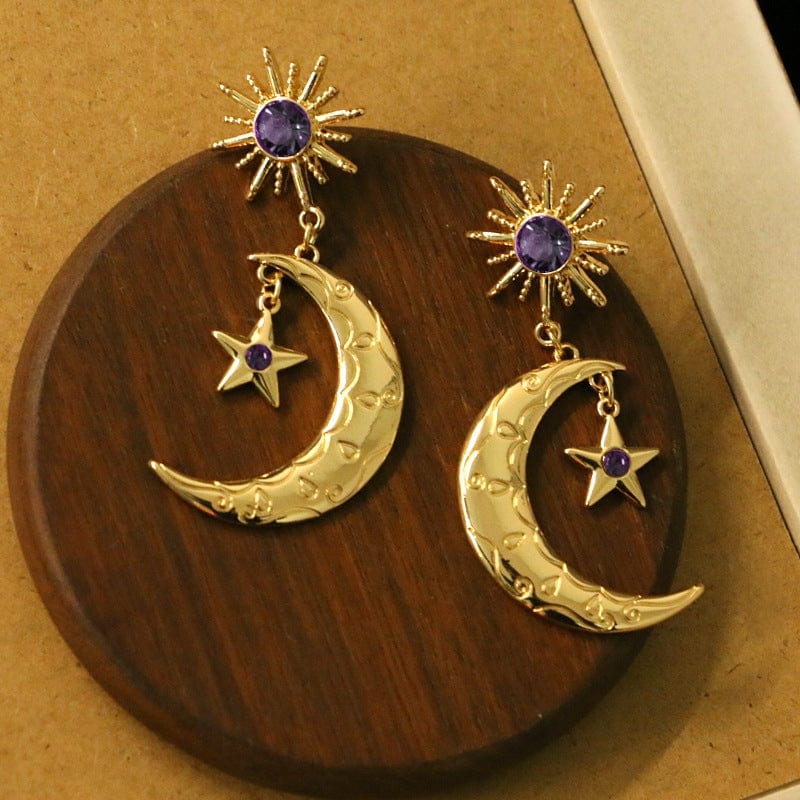 Boucles d'oreilles pendantes avec phases de lune, soleil, étoile