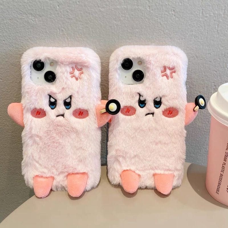 Cute Angry Kirby Embroidery Plush iPhone Case