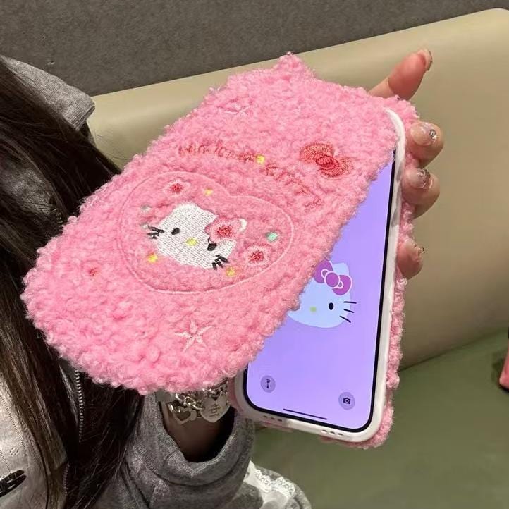 Kitty Embroidery Plush Mirror Flip iPhone Case