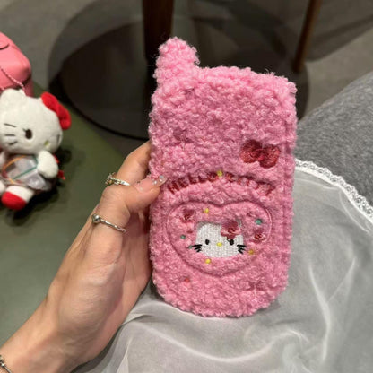 Kitty Embroidery Plush Mirror Flip iPhone Case