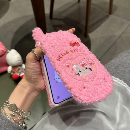 Kitty Embroidery Plush Mirror Flip iPhone Case