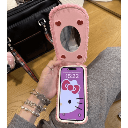 Kitty Embroidery Plush Mirror Flip iPhone Case