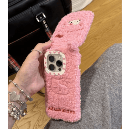 Kitty Embroidery Plush Mirror Flip iPhone Case