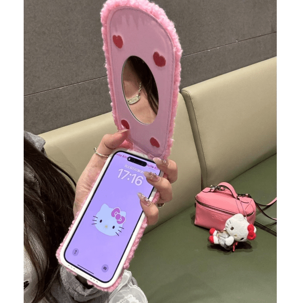 Kitty Embroidery Plush Mirror Flip iPhone Case