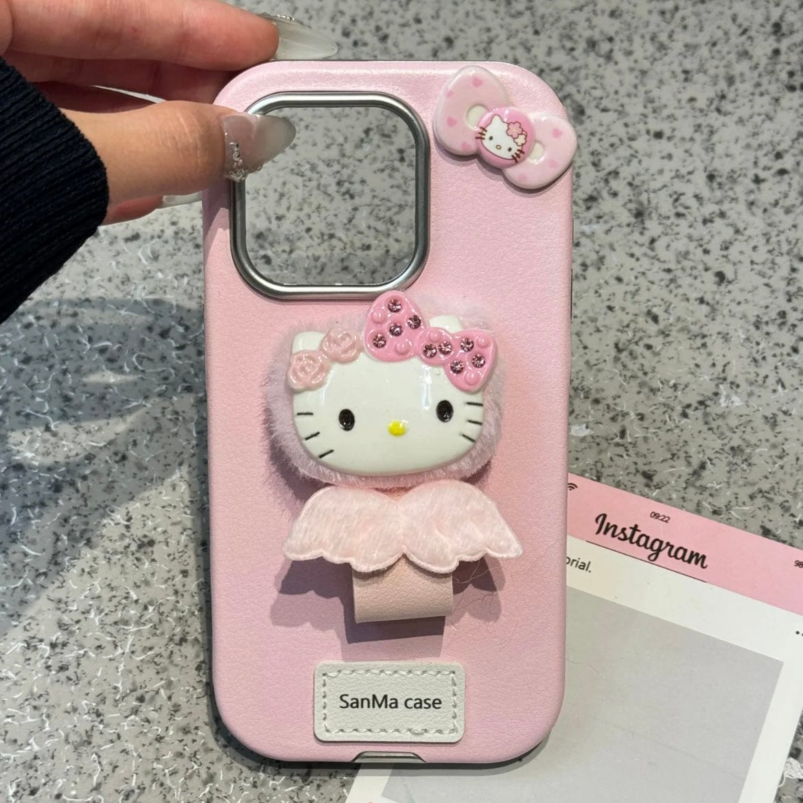 Cute Kitty Wing Ring Stand Leather iPhone Case