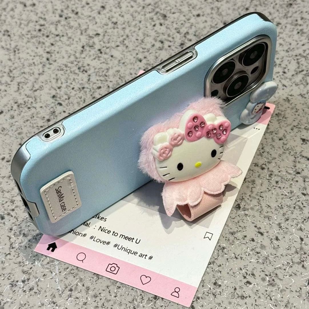 Cute Kitty Wing Ring Stand Leather iPhone Case